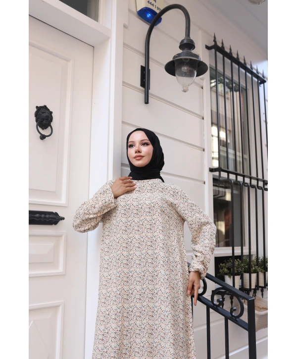 Çiçek Desenli  Viskon Elbise - Bej / E0128