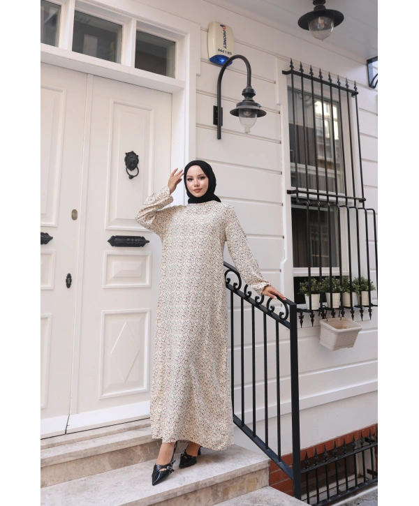 Çiçek Desenli  Viskon Elbise - Bej / E0128