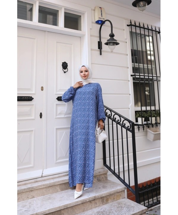 Çiçek Desenli Viskon Elbise - Mavi / E0128