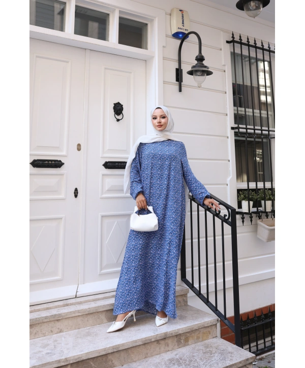 Çiçek Desenli Viskon Elbise - Mavi / E0128