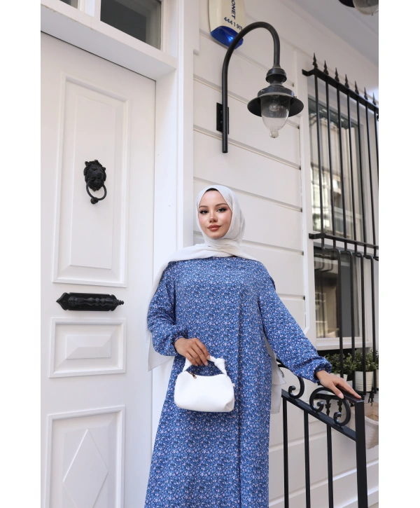 Çiçek Desenli Viskon Elbise - Mavi / E0128