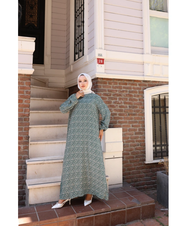 Çiçek Desenli Viskon Elbise - Yeşil / E0128