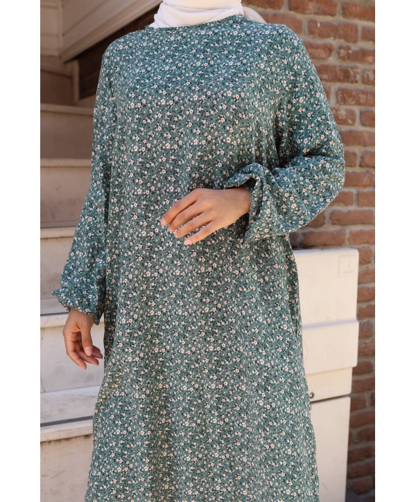 Çiçek Desenli Viskon Elbise - Yeşil / E0128