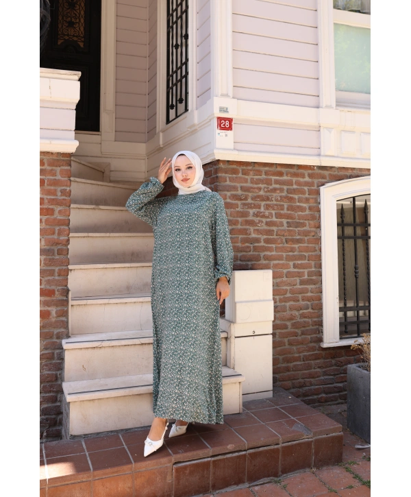 Çiçek Desenli Viskon Elbise - Yeşil / E0128