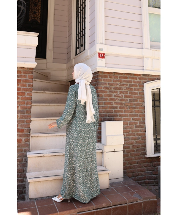 Çiçek Desenli Viskon Elbise - Yeşil / E0128