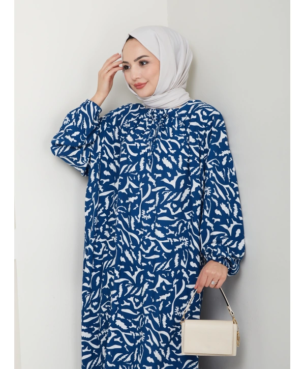 Büzgü Detaylı Rahat Kesim Anne Elbisesi - Mavi / E0131