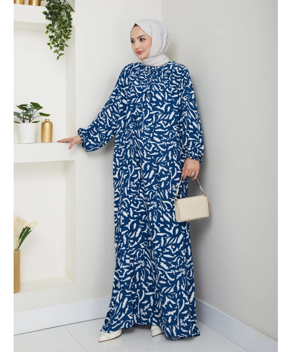 Büzgü Detaylı Rahat Kesim Anne Elbisesi - Mavi / E0131