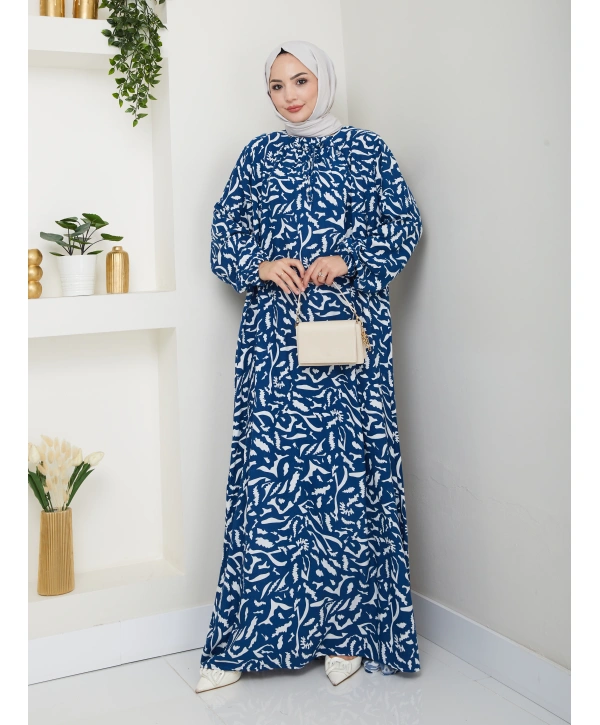 Büzgü Detaylı Rahat Kesim Anne Elbisesi - Mavi / E0131