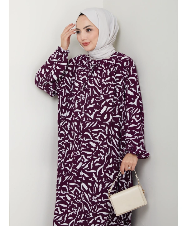 Büzgü Detaylı Rahat Kesim Anne Elbisesi - Mor / E0131