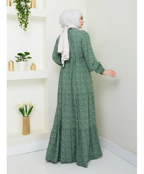 Düğme Detaylı Çiçekli Viskon Elbise - Haki / E0123