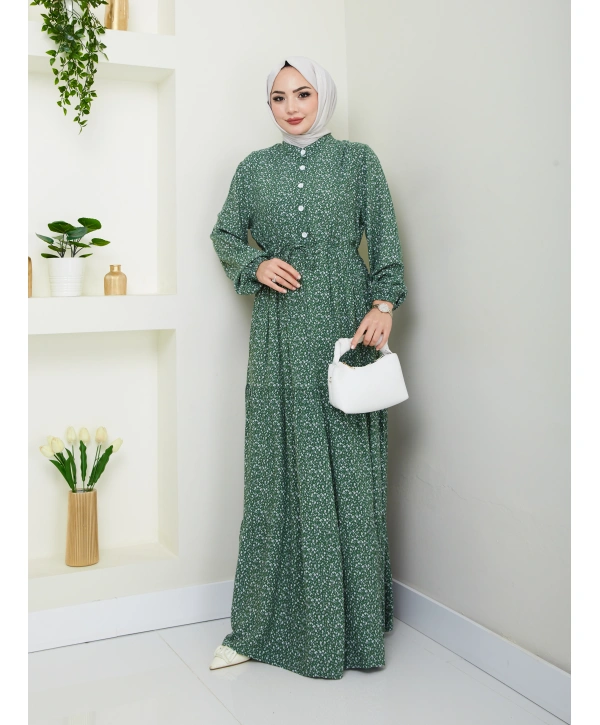 Düğme Detaylı Çiçekli Viskon Elbise - Haki / E0123