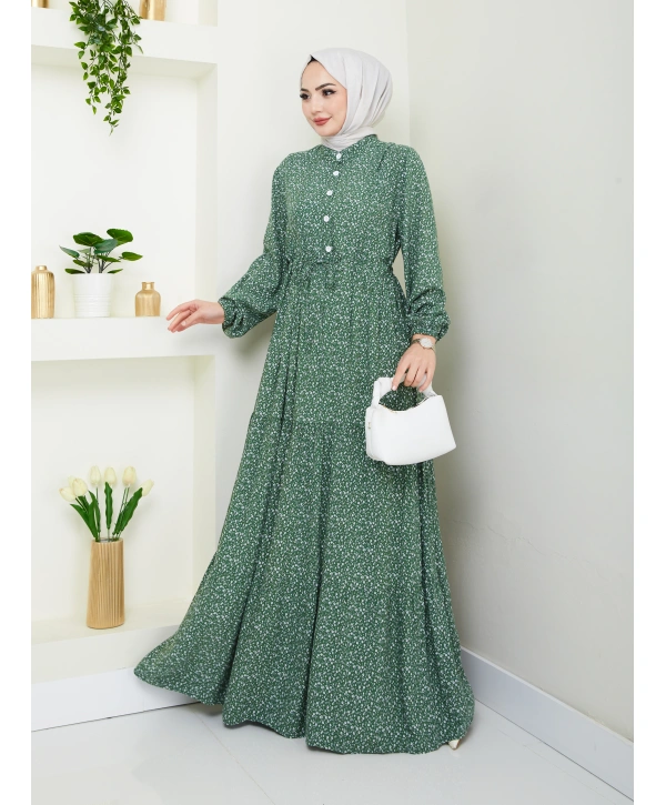 Düğme Detaylı Çiçekli Viskon Elbise - Haki / E0123