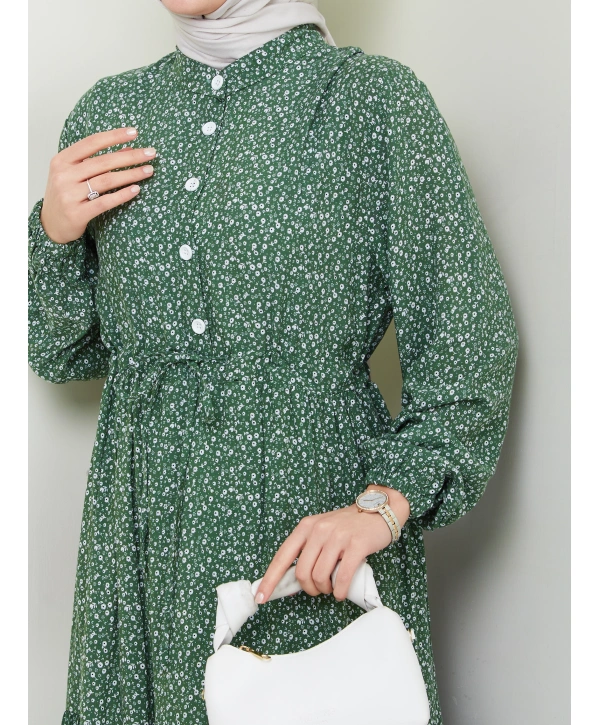 Düğme Detaylı Çiçekli Viskon Elbise - Haki / E0123