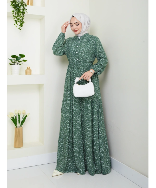 Düğme Detaylı Çiçekli Viskon Elbise - Haki / E0123