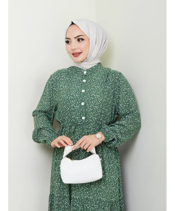 Düğme Detaylı Çiçekli Viskon Elbise - Haki / E0123