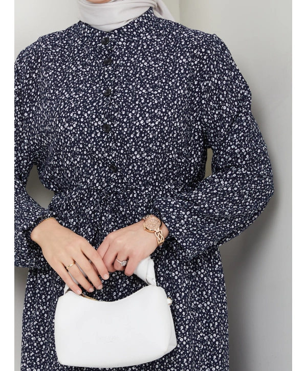 Düğme Detaylı Çiçekli Viskon Elbise - Lacivert / E0123