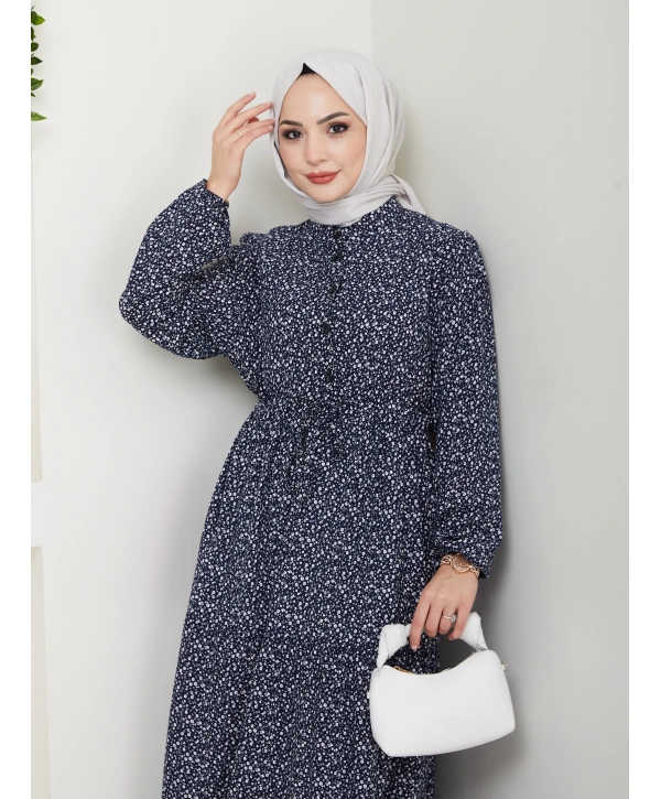 Düğme Detaylı Çiçekli Viskon Elbise - Lacivert / E0123
