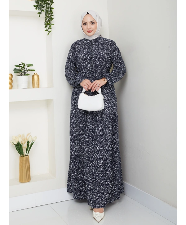 Düğme Detaylı Çiçekli Viskon Elbise - Lacivert / E0123