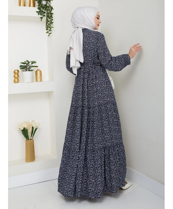 Düğme Detaylı Çiçekli Viskon Elbise - Lacivert / E0123