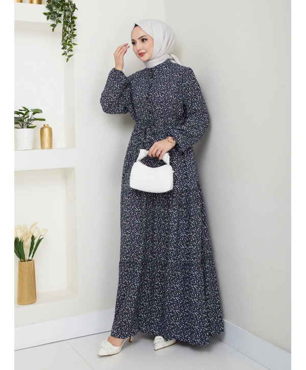 Düğme Detaylı Çiçekli Viskon Elbise - Lacivert / E0123