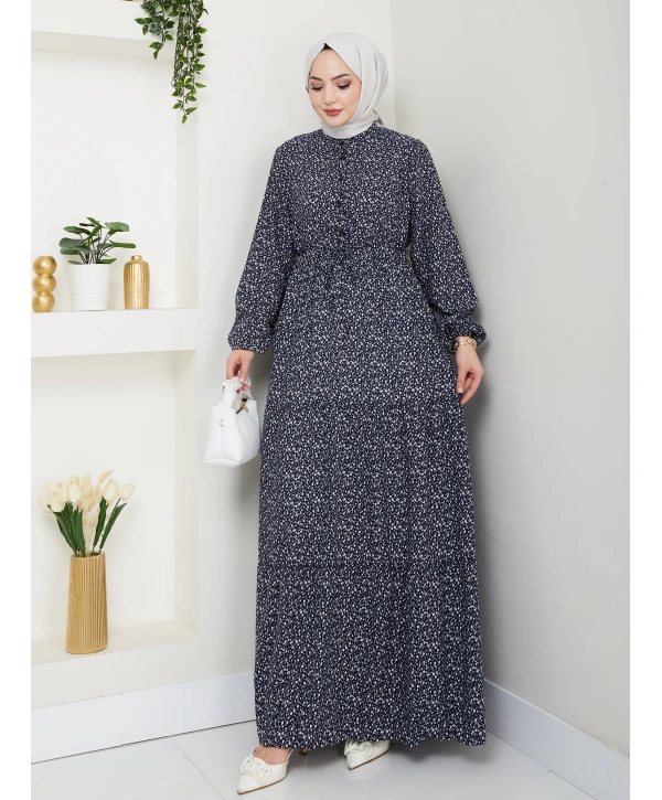 Düğme Detaylı Çiçekli Viskon Elbise - Lacivert / E0123