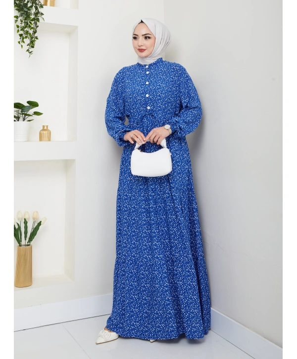 Düğme Detaylı Çiçekli Viskon Elbise - Mavi / E0123