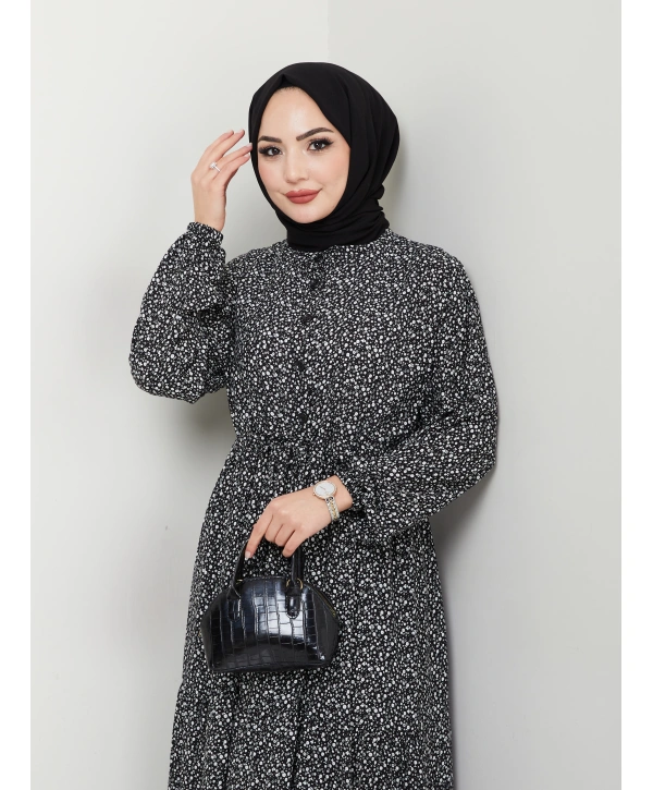Düğme Detaylı Çiçekli Viskon Elbise - Siyah / E0123