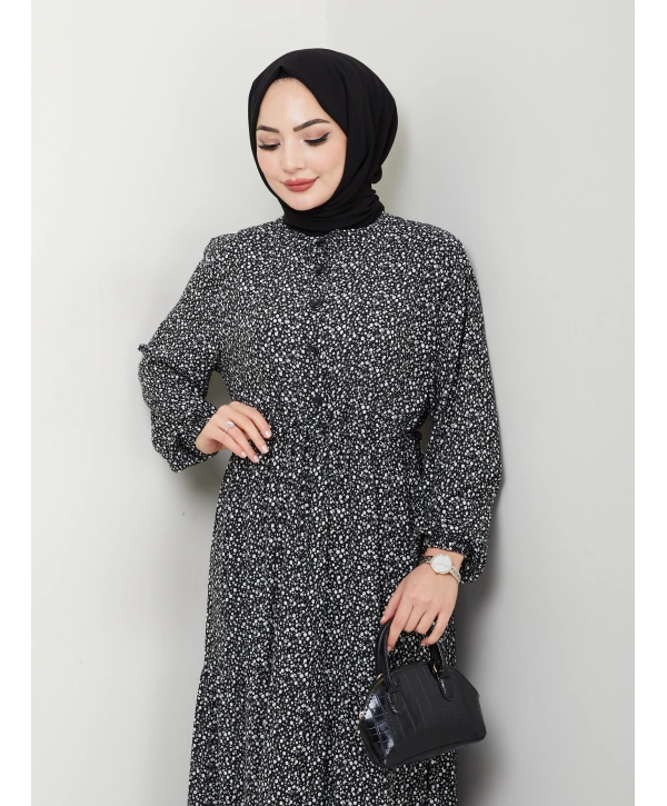 Düğme Detaylı Çiçekli Viskon Elbise - Siyah / E0123