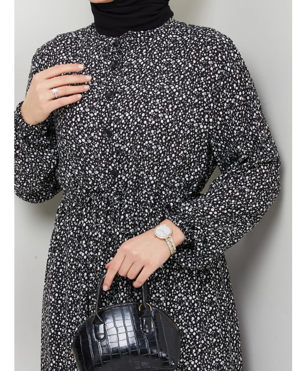 Düğme Detaylı Çiçekli Viskon Elbise - Siyah / E0123