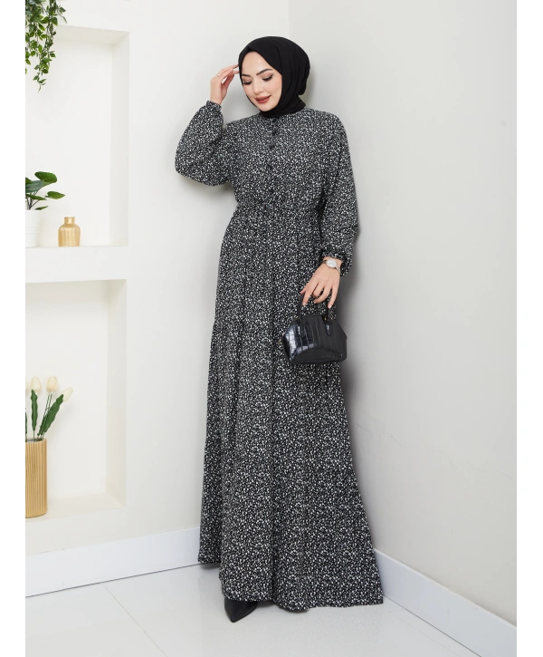 Düğme Detaylı Çiçekli Viskon Elbise - Siyah / E0123