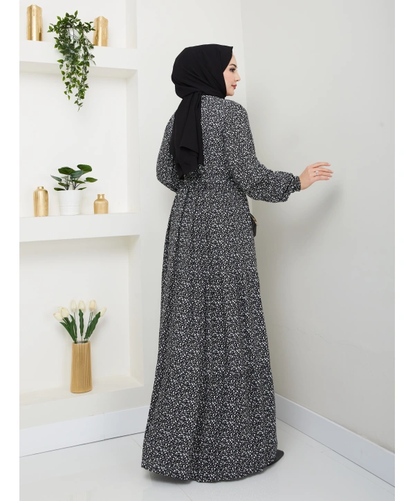 Düğme Detaylı Çiçekli Viskon Elbise - Siyah / E0123
