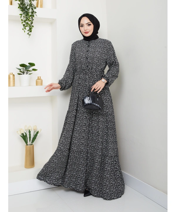 Düğme Detaylı Çiçekli Viskon Elbise - Siyah / E0123