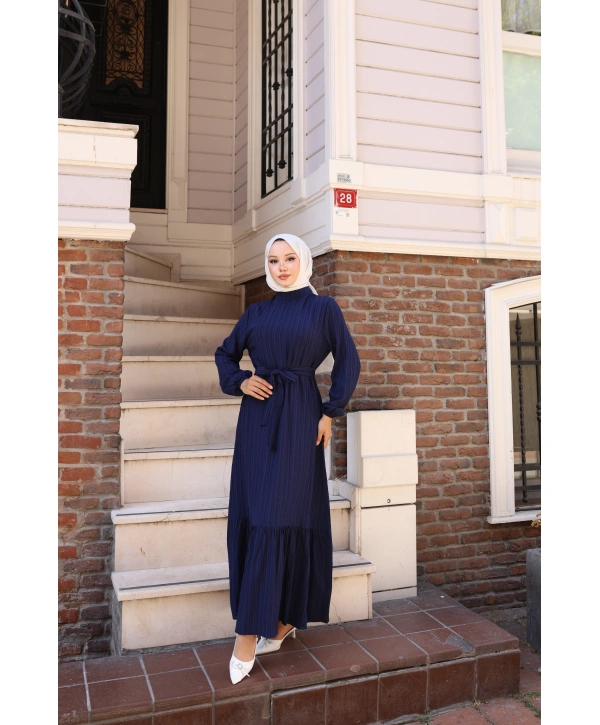 Lara Kumaş Bağlamalı Elbise - Lacivert / E0124