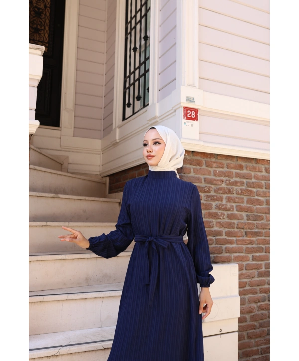 Lara Kumaş Bağlamalı Elbise - Lacivert / E0124