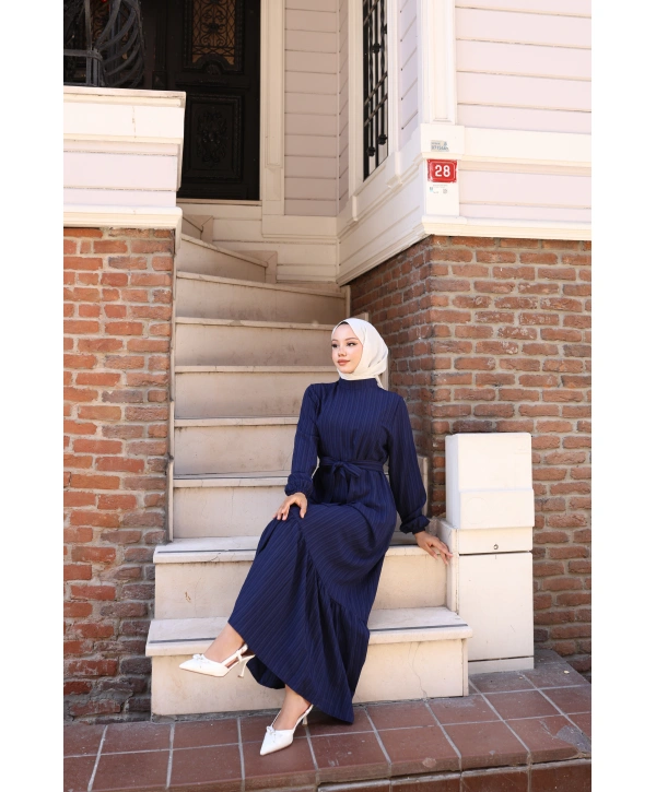 Lara Kumaş Bağlamalı Elbise - Lacivert / E0124