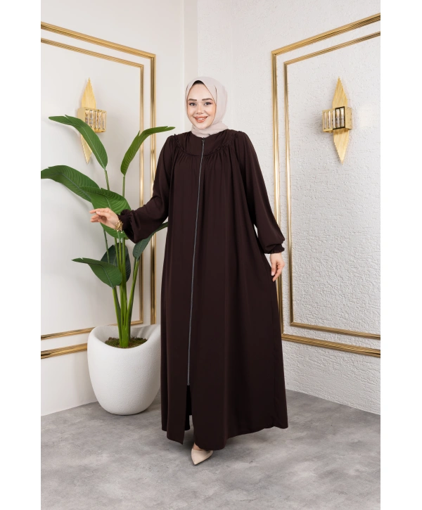 Robalı Medine İpeği Kumaş Rahat/Salaş Kesim Ferace - Acı Kahve / F142