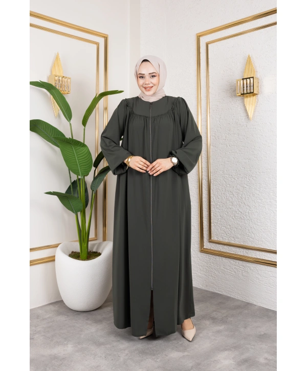 Robalı Medine İpeği Kumaş Rahat/Salaş Kesim Ferace - Haki / F142