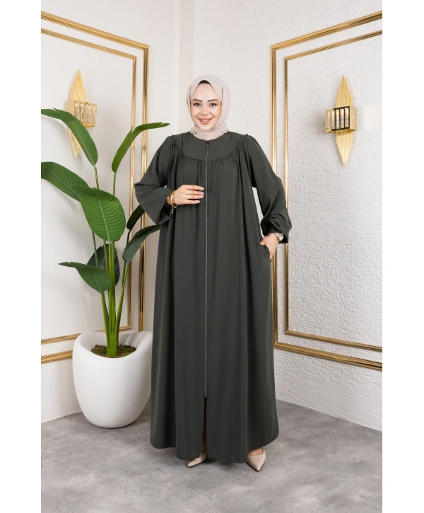 Robalı Medine İpeği Kumaş Rahat/Salaş Kesim Ferace - Haki / F142