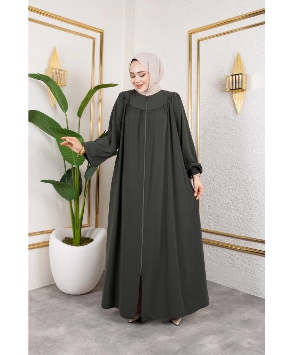 Robalı Medine İpeği Kumaş Rahat/Salaş Kesim Ferace - Haki / F142