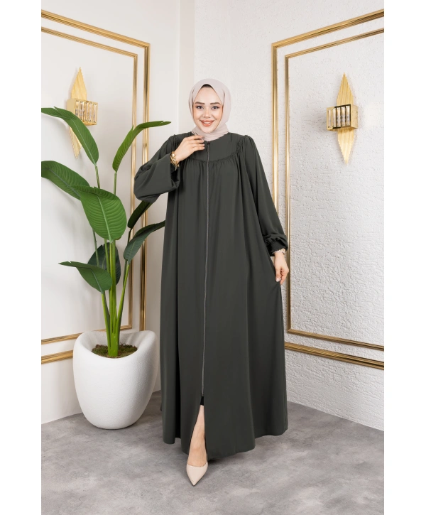 Robalı Medine İpeği Kumaş Rahat/Salaş Kesim Ferace - Haki / F142