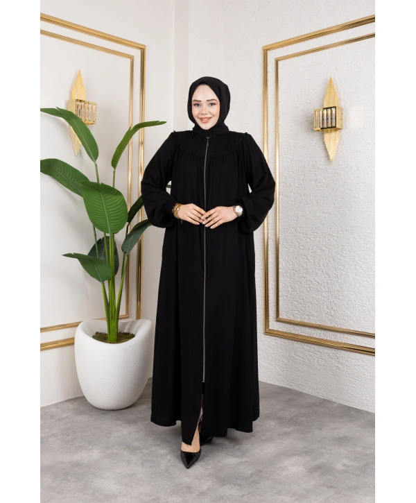 Robalı Medine İpeği Kumaş Rahat/Salaş Kesim Ferace - Siyah / F142