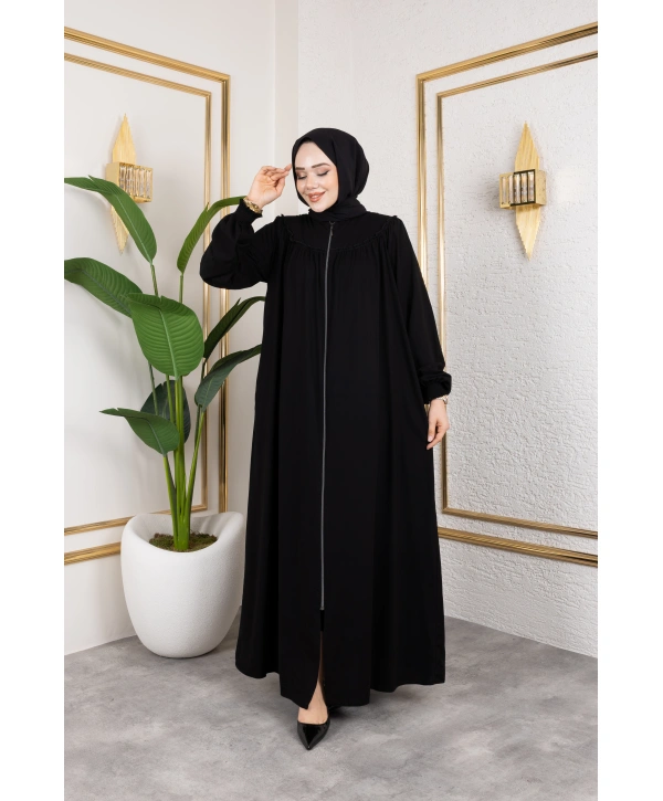 Robalı Medine İpeği Kumaş Rahat/Salaş Kesim Ferace - Siyah / F142