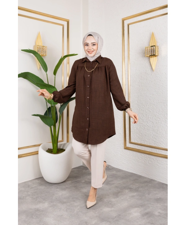 Önü Büzgülü Bilek Lastikli Tunik - Acı Kahve / Ü104