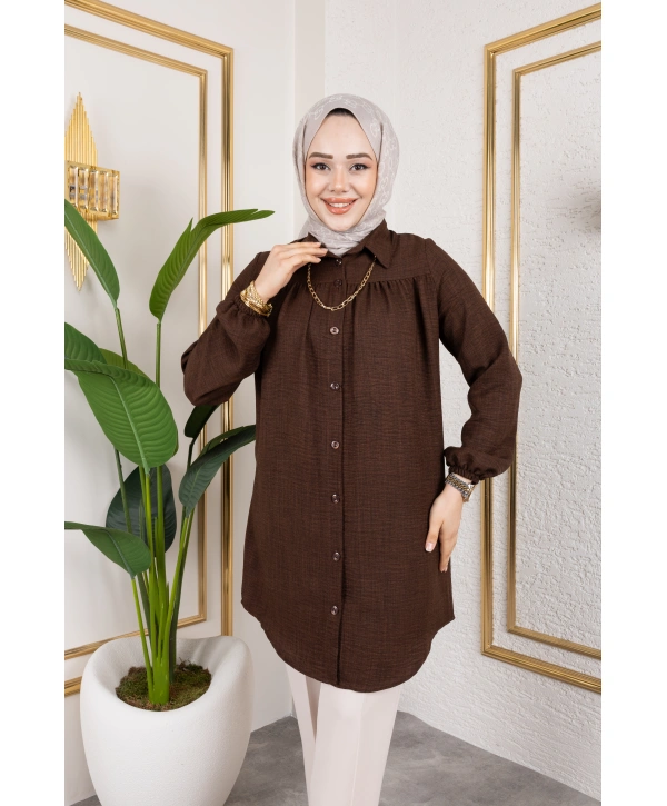 Önü Büzgülü Bilek Lastikli Tunik - Acı Kahve / Ü104