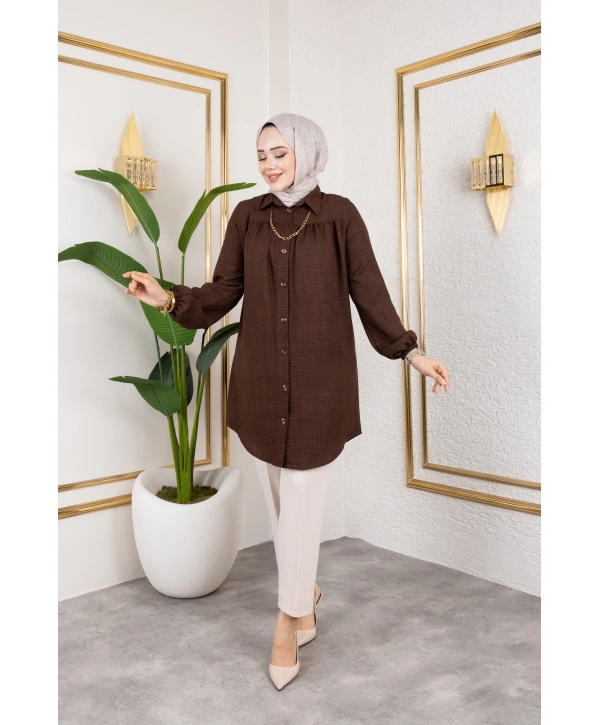 Önü Büzgülü Bilek Lastikli Tunik - Acı Kahve / Ü104