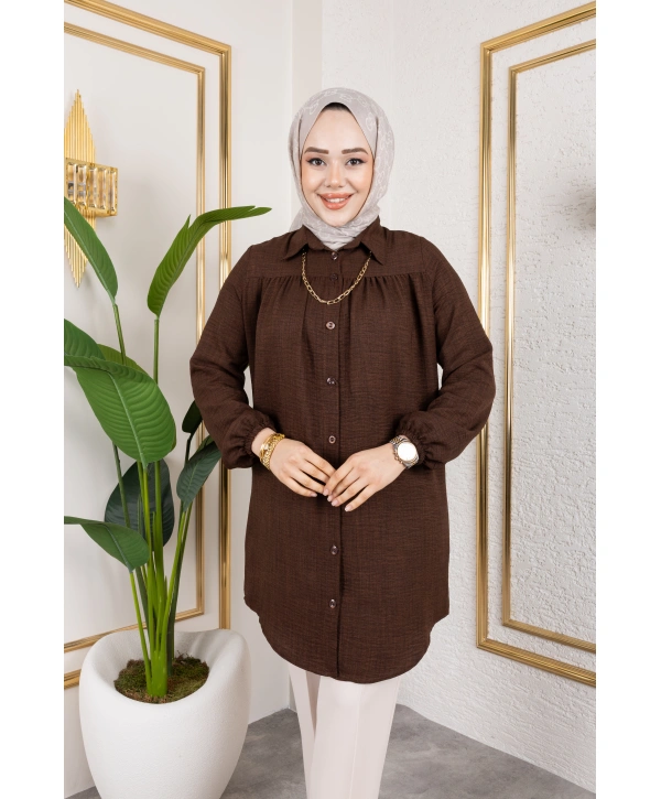 Önü Büzgülü Bilek Lastikli Tunik - Acı Kahve / Ü104