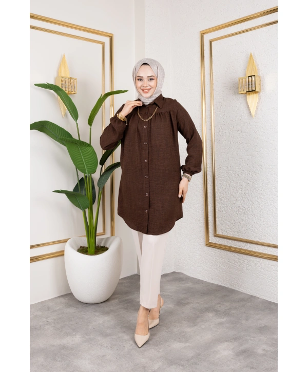 Önü Büzgülü Bilek Lastikli Tunik - Acı Kahve / Ü104