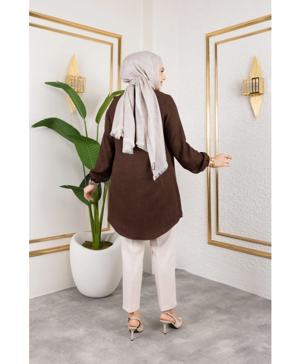 Önü Büzgülü Bilek Lastikli Tunik - Acı Kahve / Ü104