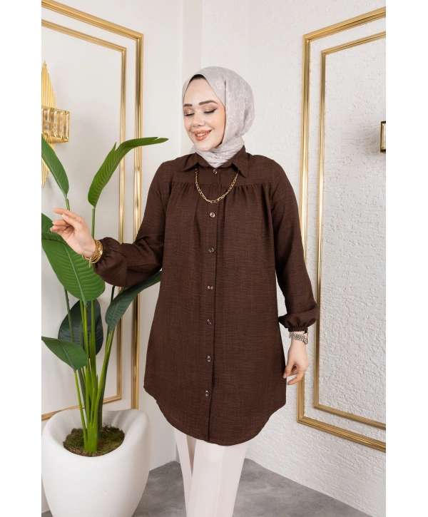Önü Büzgülü Bilek Lastikli Tunik - Acı Kahve / Ü104