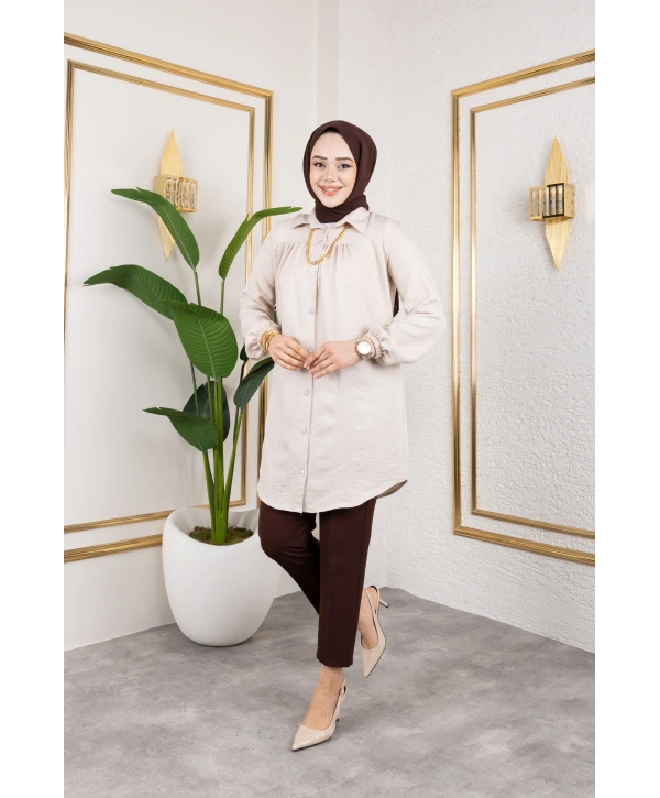 Önü Büzgülü Bilek Lastikli Tunik - Bej / Ü104